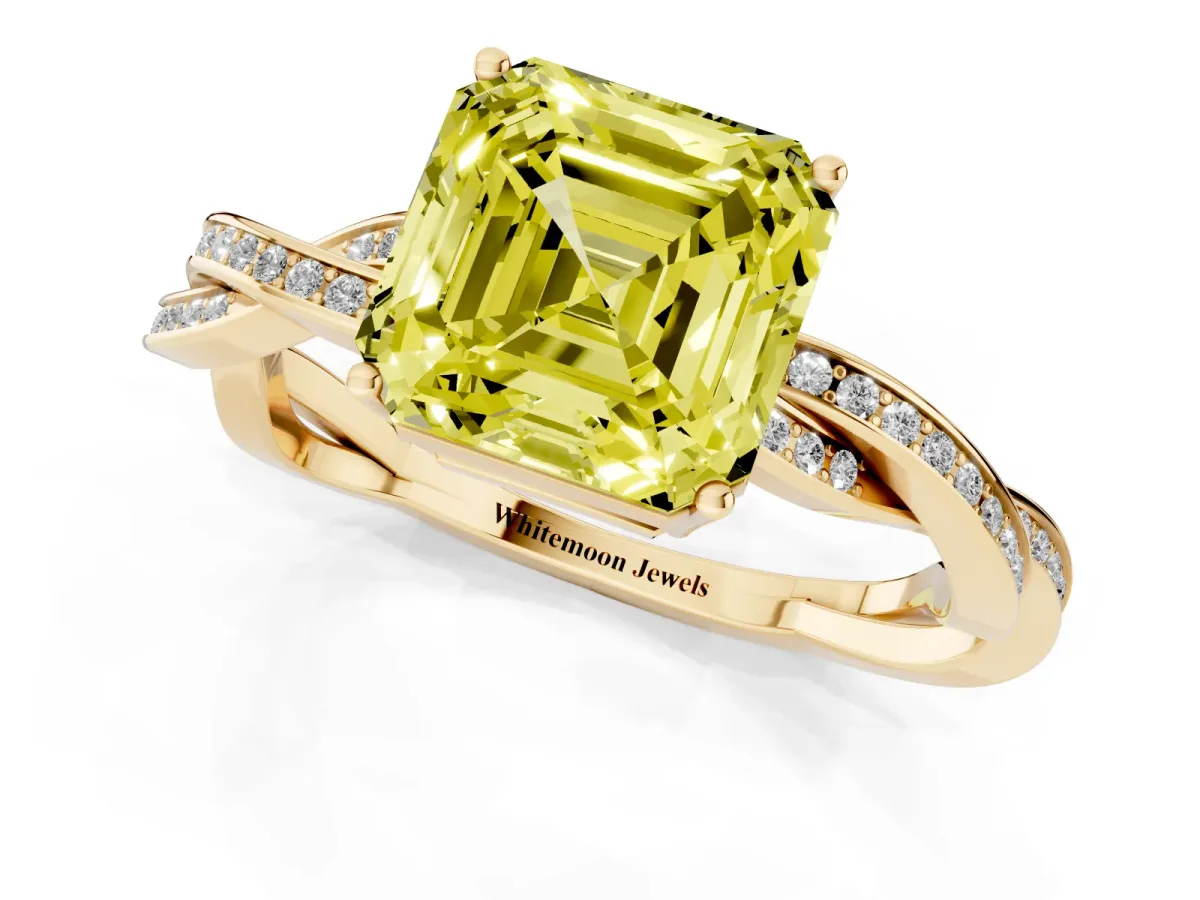 Fancy Yellow Asscher Cut Solitaire Twisted Pave Diamond Ring with Four-Prong Setting Yellow gold