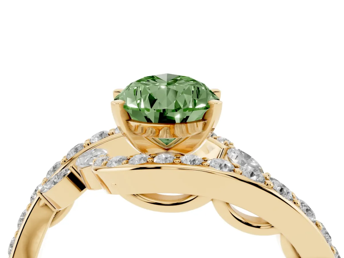 Fancy Green Pear Cut Solitaire with Pavé Twist Band and Four-Prong Setting Yellow gold