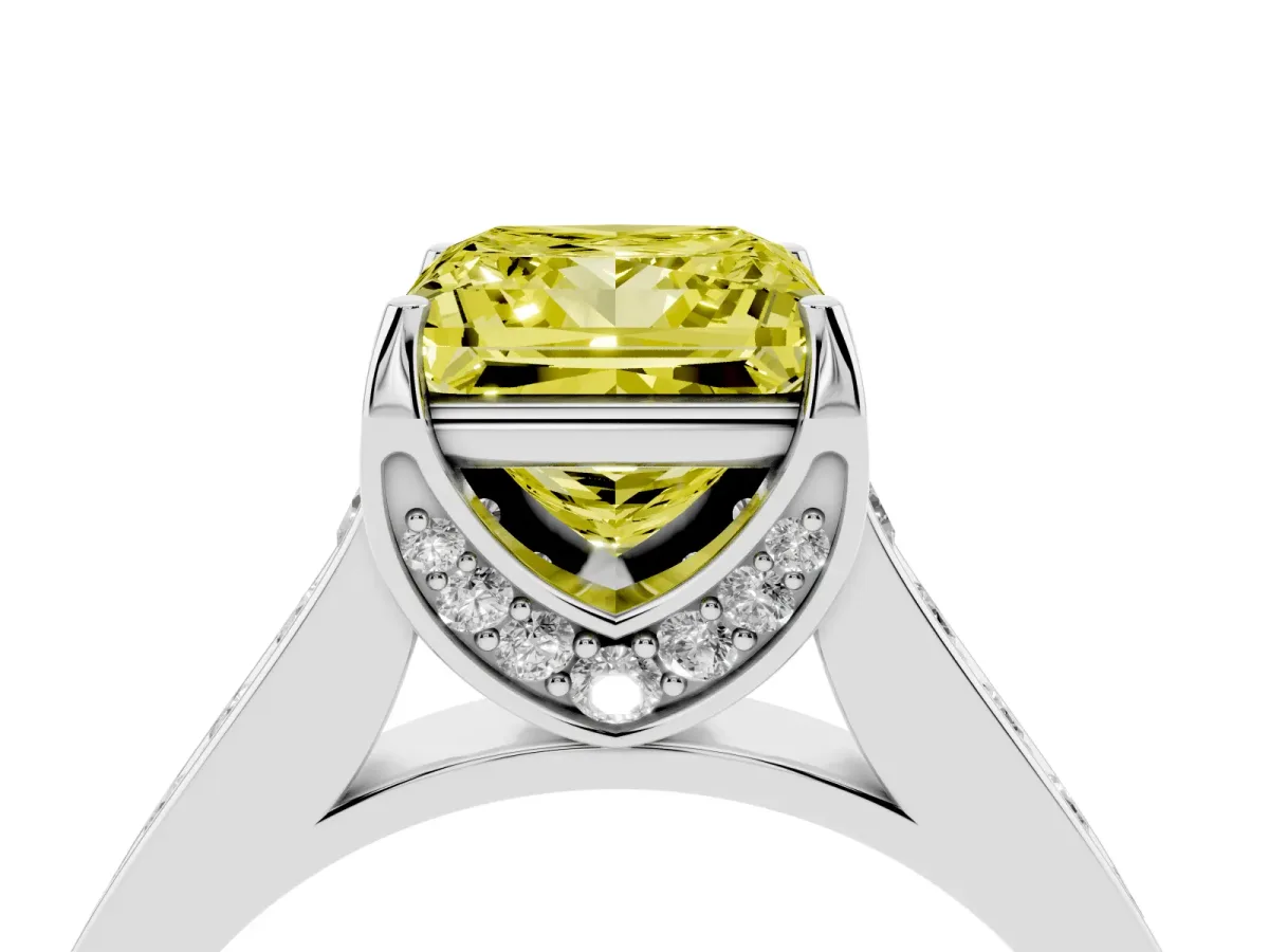 Fancy Yellow Princess Cut Brilliant Cut Diamond Engagement Ring with Pavé Band and Four-Prong Setting White gold