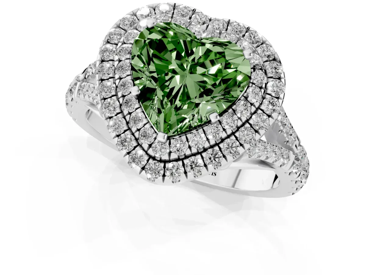 Fancy Green Double Halo Heart Cut Diamond Split Shank Engagement Ring with Four-Prong Setting Silver