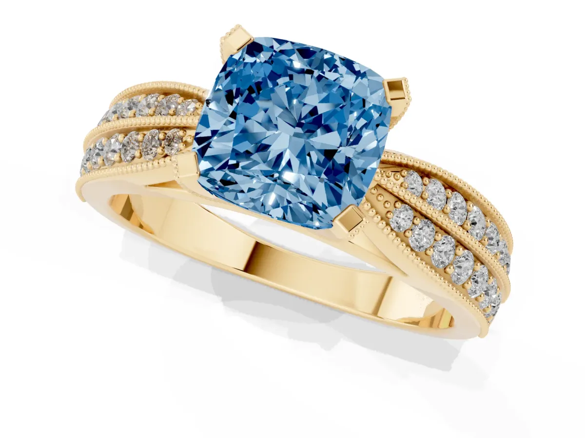 Fancy Blue Cushion Cut Diamond Solitaire Ring with Milgrain Round Pavé Band and Prong Setting Yellow gold