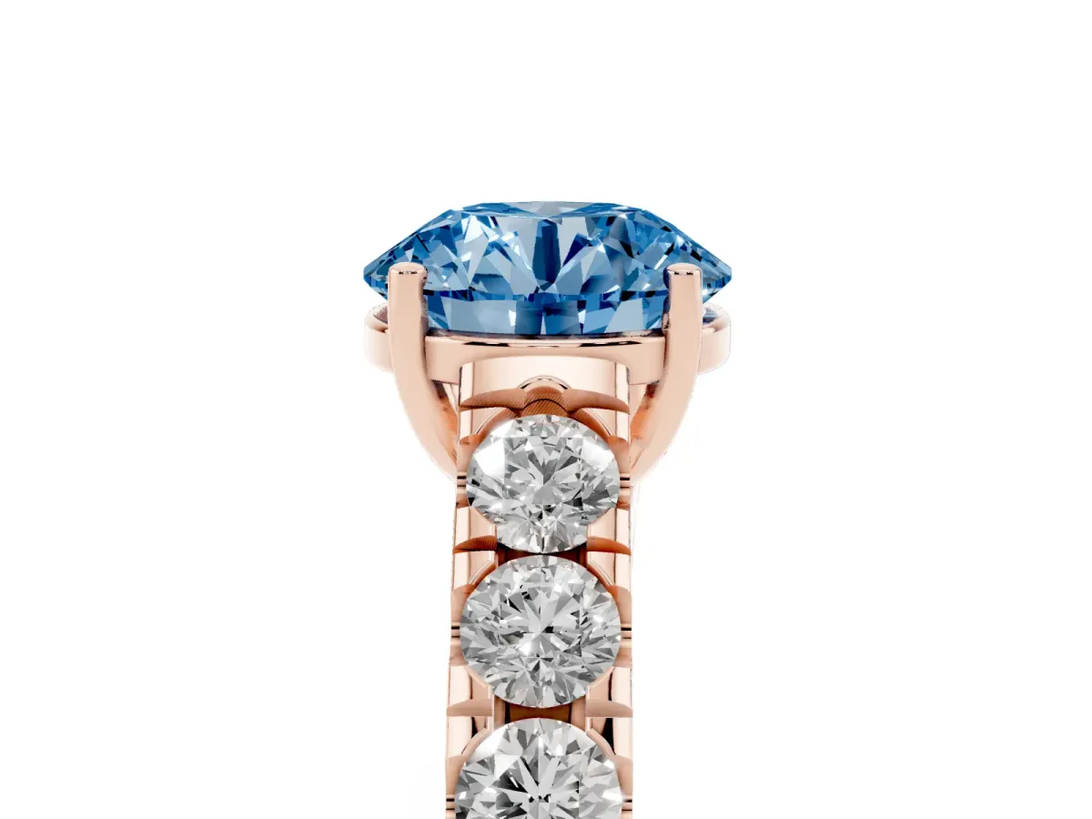 Fancy Blue Round Cut Cut Diamond Solitaire Ring with Micro Pave Band and Prong Setting Rose gold
