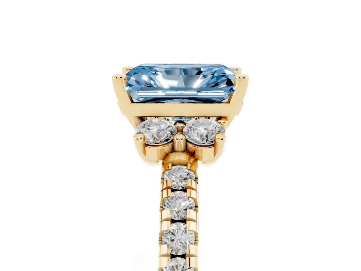 Fancy Blue Radiant Cut Diamond Three-Stone Pave Band with Four-Prong Setting Yellow gold