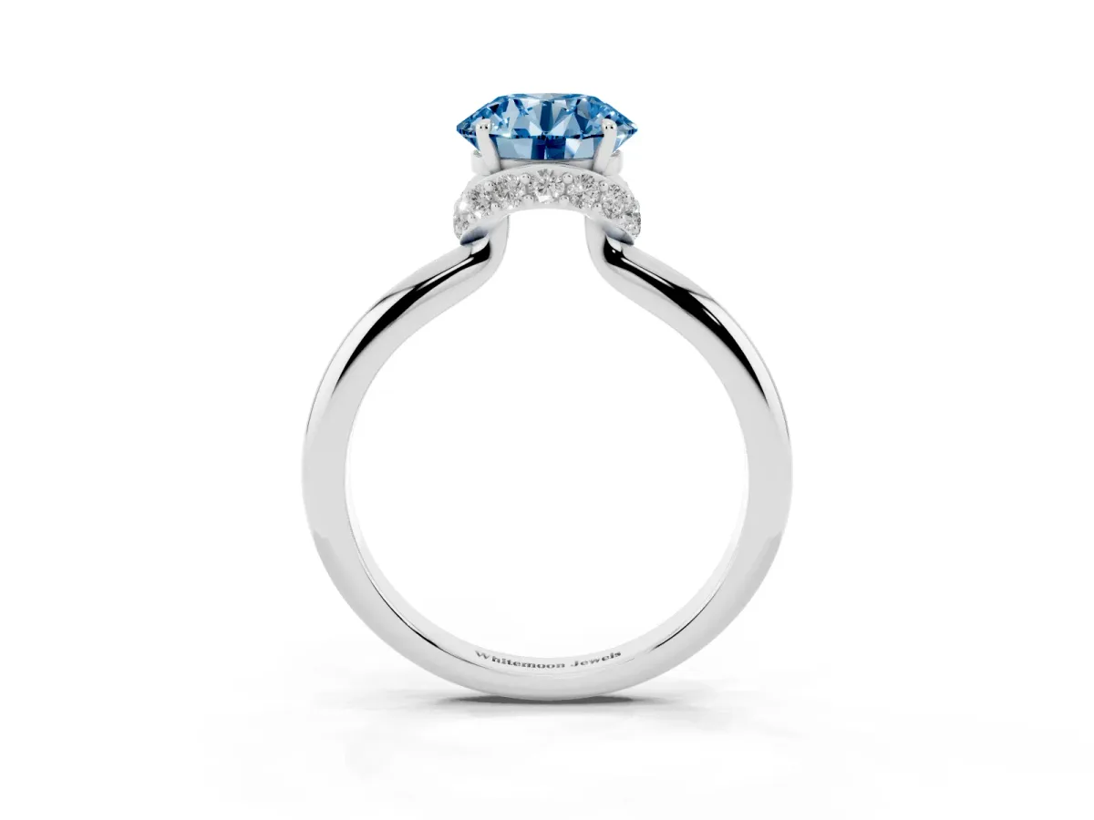 Fancy Blue Round Cut Brilliant Solitaire Engagement Ring with Six-Prong Setting and Classic Band White gold