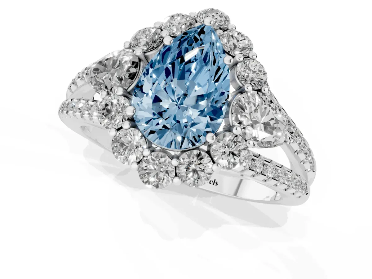 Fancy Blue Pear Cut Halo Split Shank Diamond Engagement Ring with Prong Setting Platinum