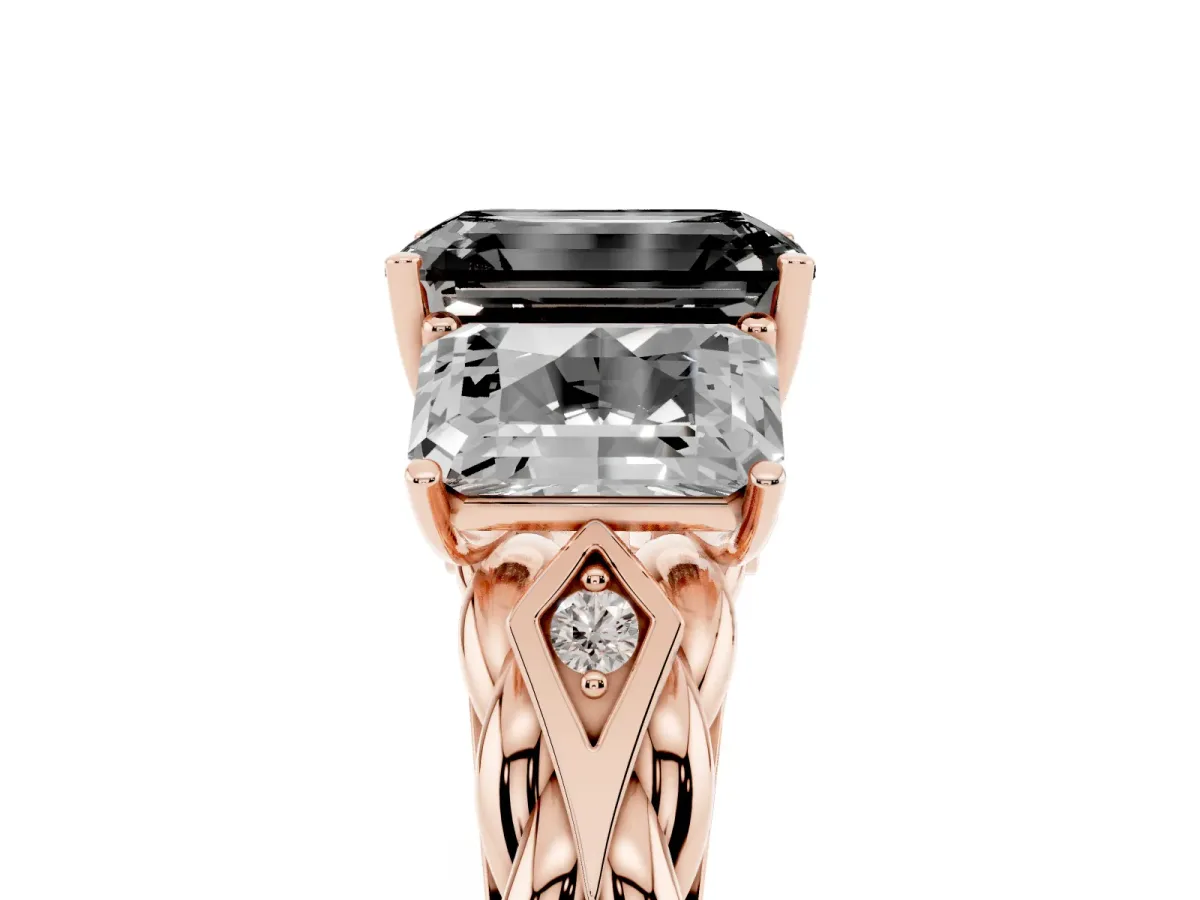 Fancy Black Three-Stone Emerald Cut Diamond Braided Band Ring with Four-Prong Setting Rose gold