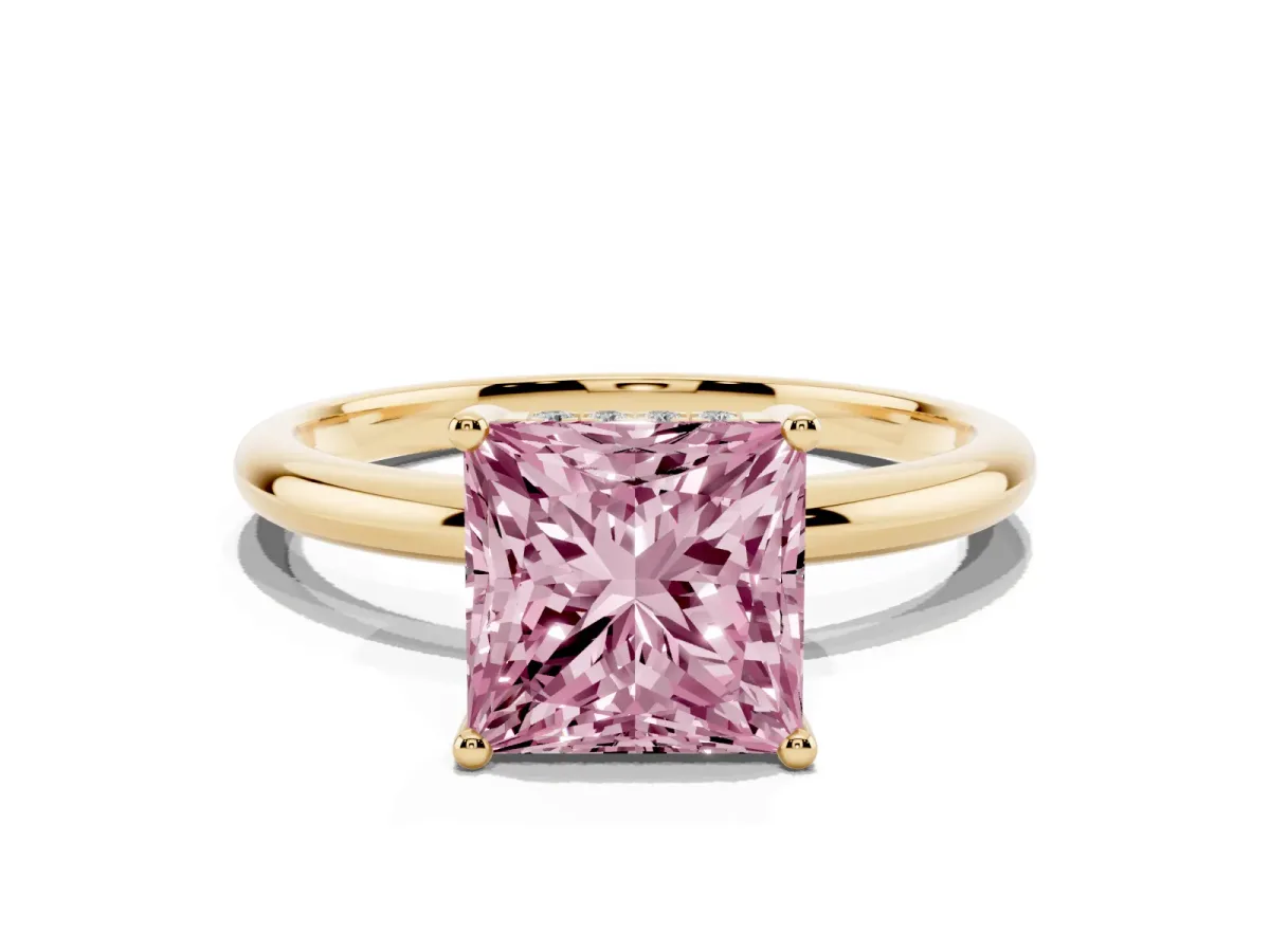 Fancy Pink Princess Cut Cut Solitaire Engagement Ring with Four-Prong Setting and Classic Band Yellow gold