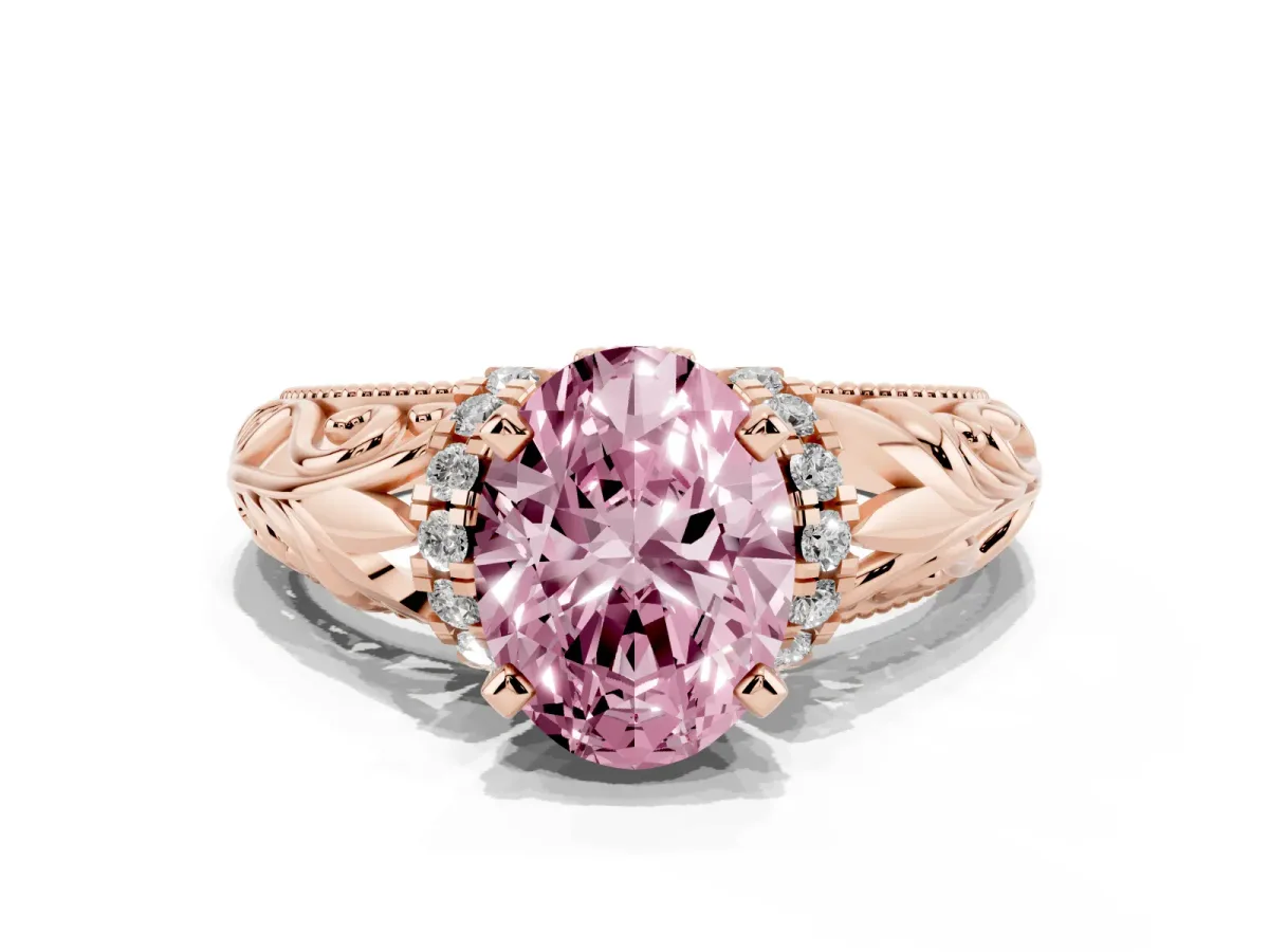 Fancy Pink Oval Cut Solitaire Filigree Engagement Ring with Halo and Prong Setting Rose gold