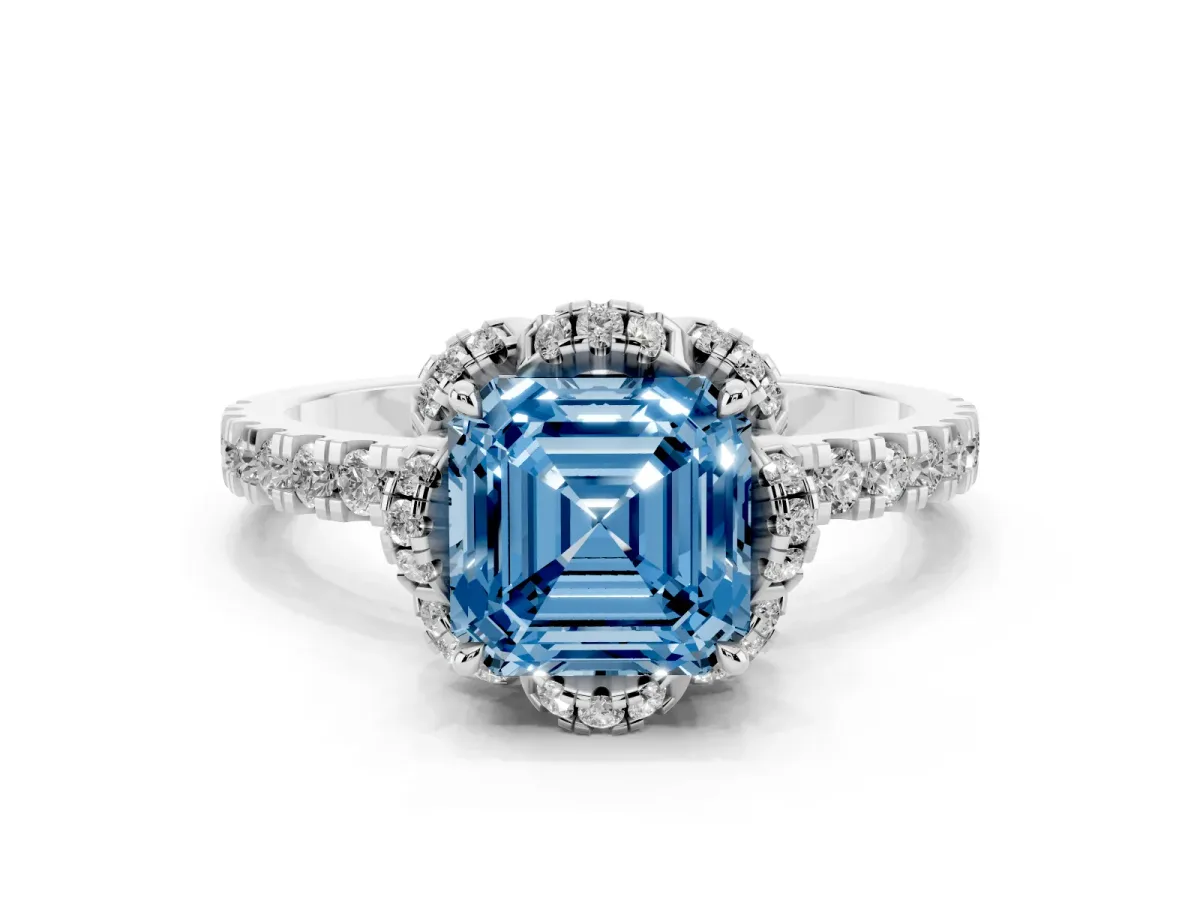 Fancy Blue Asscher Cut Diamond Halo Pave Band with Four-Prong Setting Silver