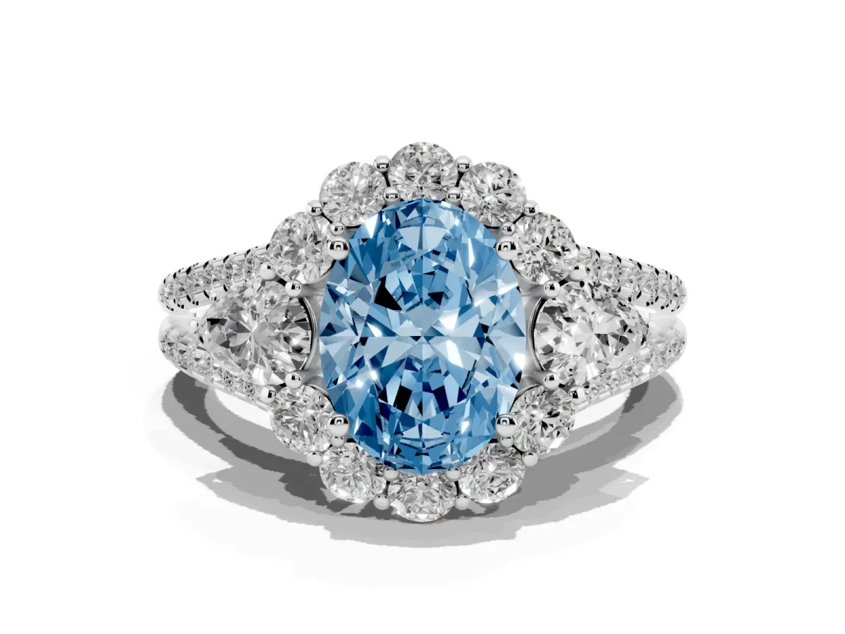 Fancy Blue Oval Cut Halo Split Shank Diamond Engagement Ring with Prong Setting Platinum
