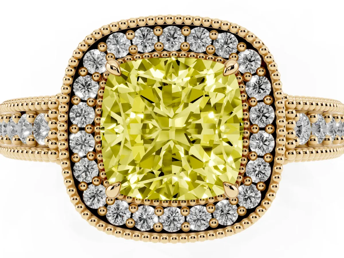 Fancy Yellow Cushion Cut Cut Halo Diamond Ring with Pavé Band and Four-Prong Setting Yellow gold