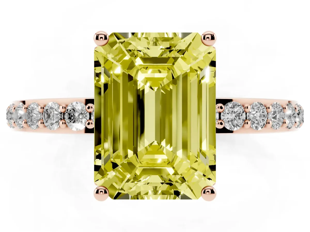 Fancy Yellow Emerald Cut Diamond Solitaire Ring with Pavé Band and Hidden Halo Rose gold