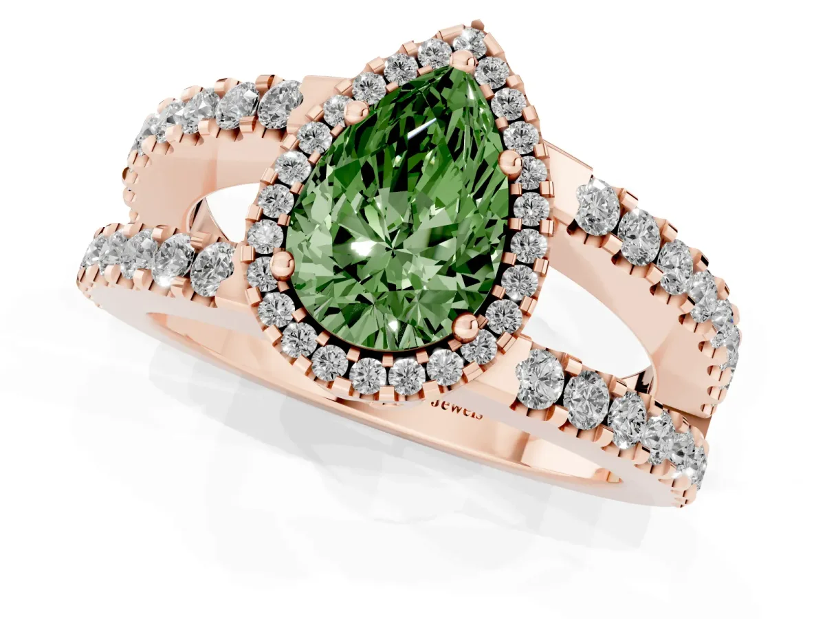 Fancy Green Pear Cut Cut Halo Split Shank Diamond Ring with Four-Prong Setting Rose gold