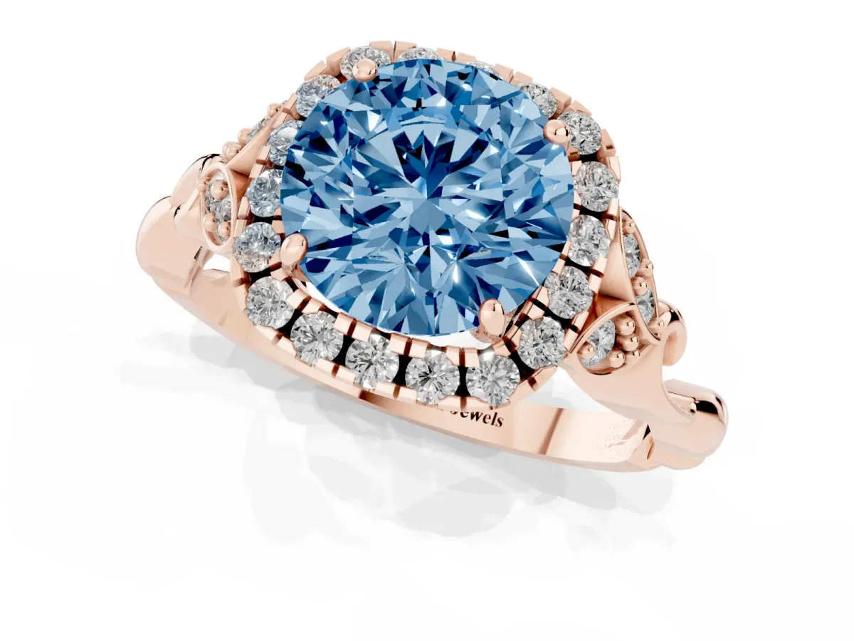 Fancy Blue Round Cut Halo Diamond Engagement Ring with Vintage-Inspired Band and Four-Prong Setting Rose gold