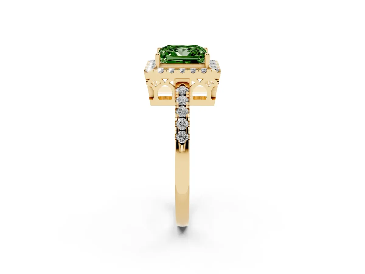 Fancy Green Princess Cut Halo Diamond Engagement Ring with Pavé Band and Four-Prong Setting Yellow gold