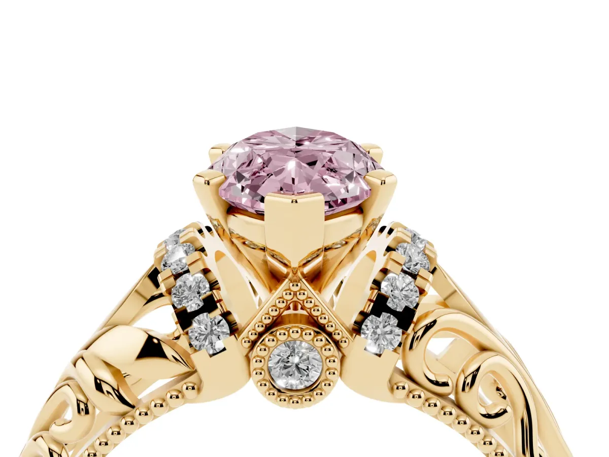 Fancy Pink Marquise Cut Solitaire Filigree Engagement Ring with Halo and Prong Setting Yellow gold