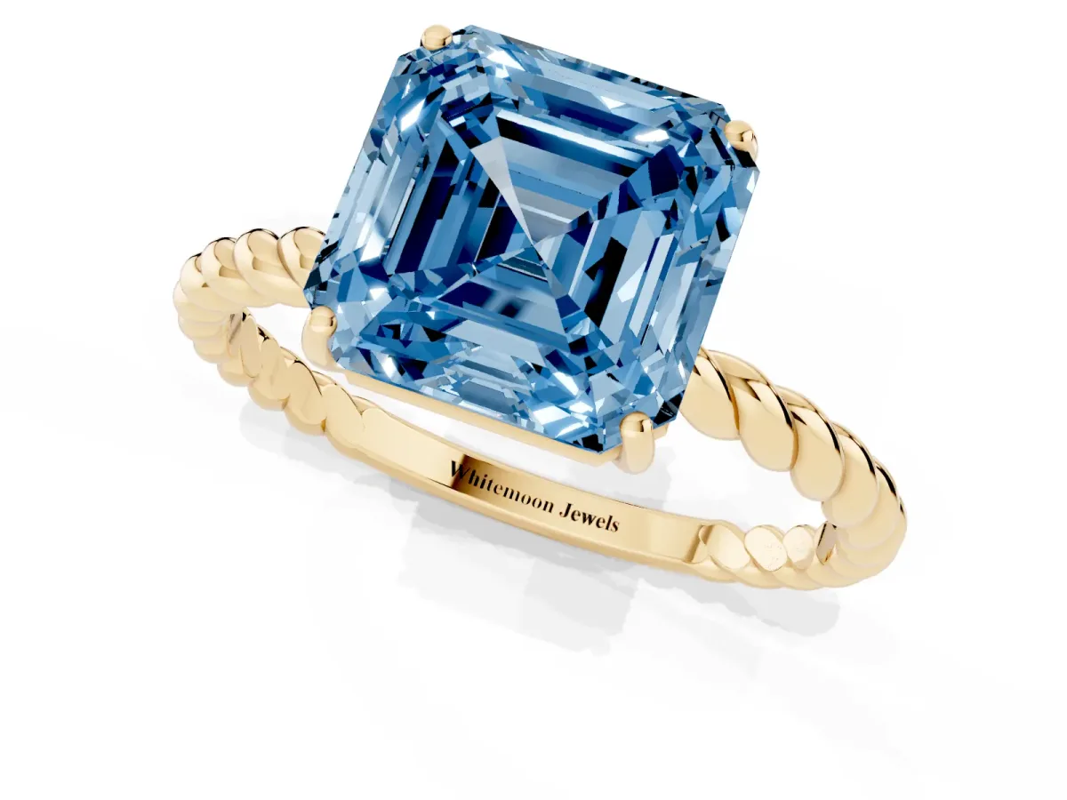 Fancy Blue Asscher Cut Solitaire Twist Band Ring with Four-Prong Setting Yellow gold