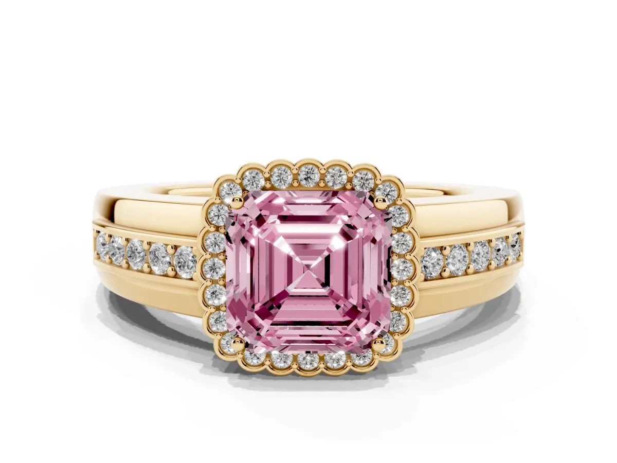 Fancy Pink Asscher Cut Cut Halo Pave Band Four-Prong Ring Yellow gold
