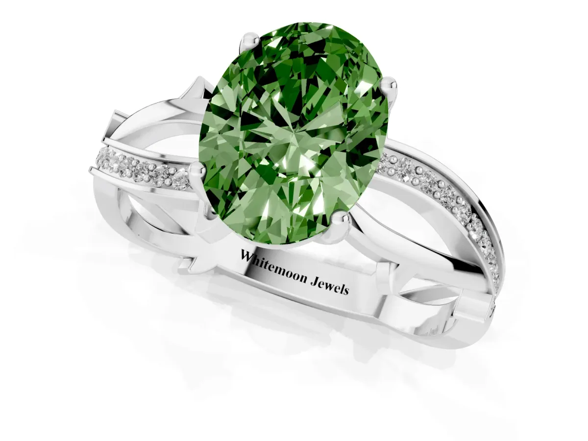 Fancy Green Oval Cut Solitaire Twist Band with Pavé Accents and Four-Prong Setting Platinum