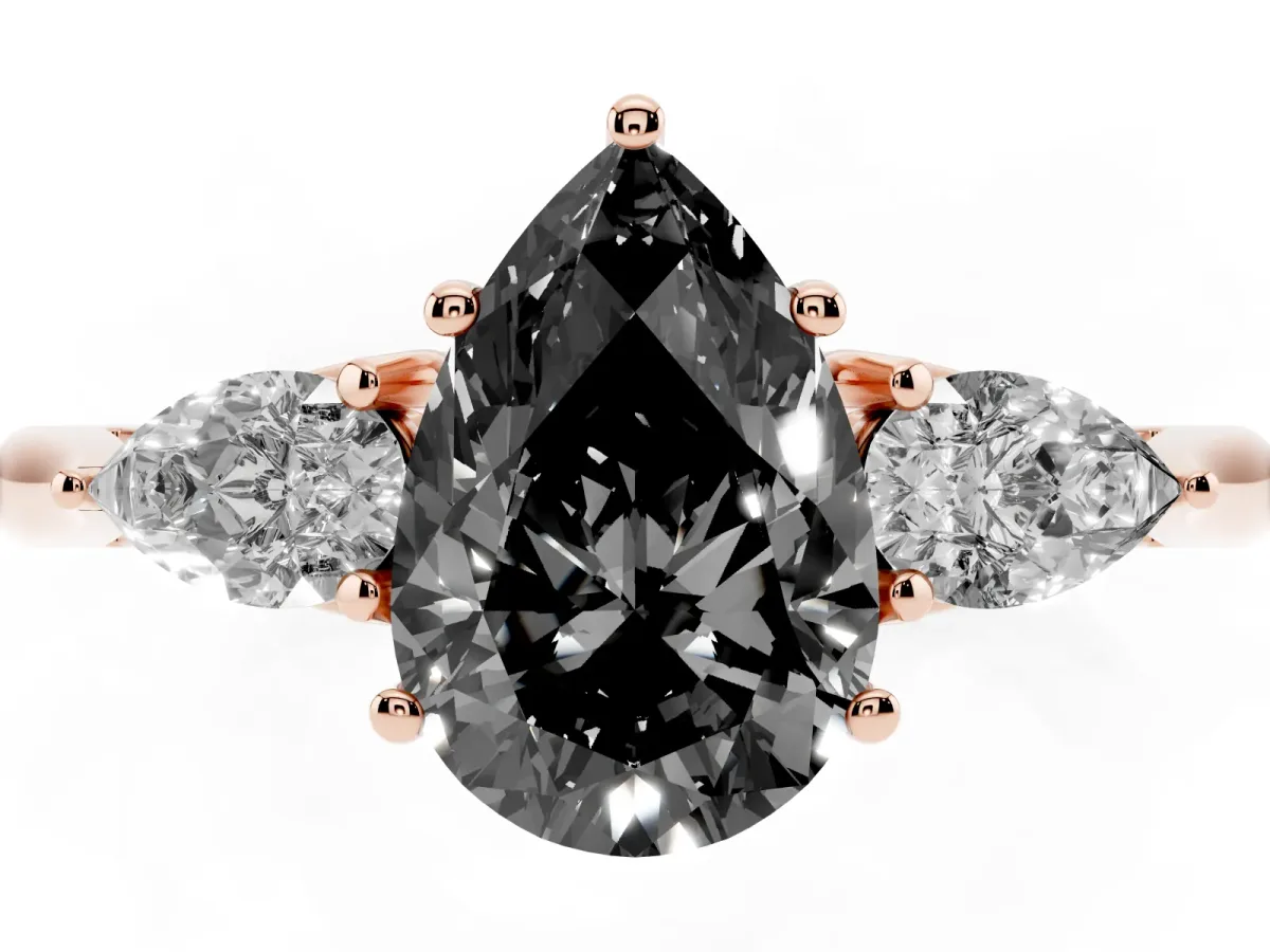 Fancy Black Pear Cut Diamond Three-Stone Ring with Pear Side Stones and Prong Setting Rose gold
