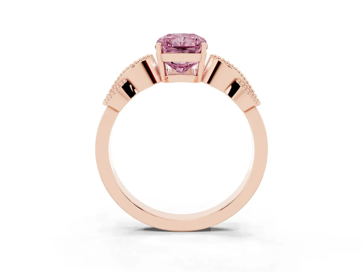 Fancy Pink Radiant Cut Solitaire Milgrain Leaf Band with Prong Setting Rose gold