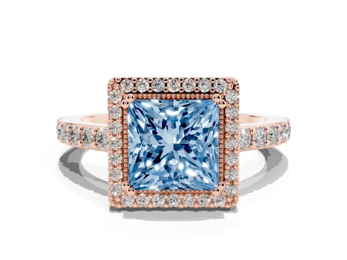 Fancy Blue Princess Cut Cut Diamond Halo Engagement Ring with Milgrain Detail and Pavé Band Rose gold