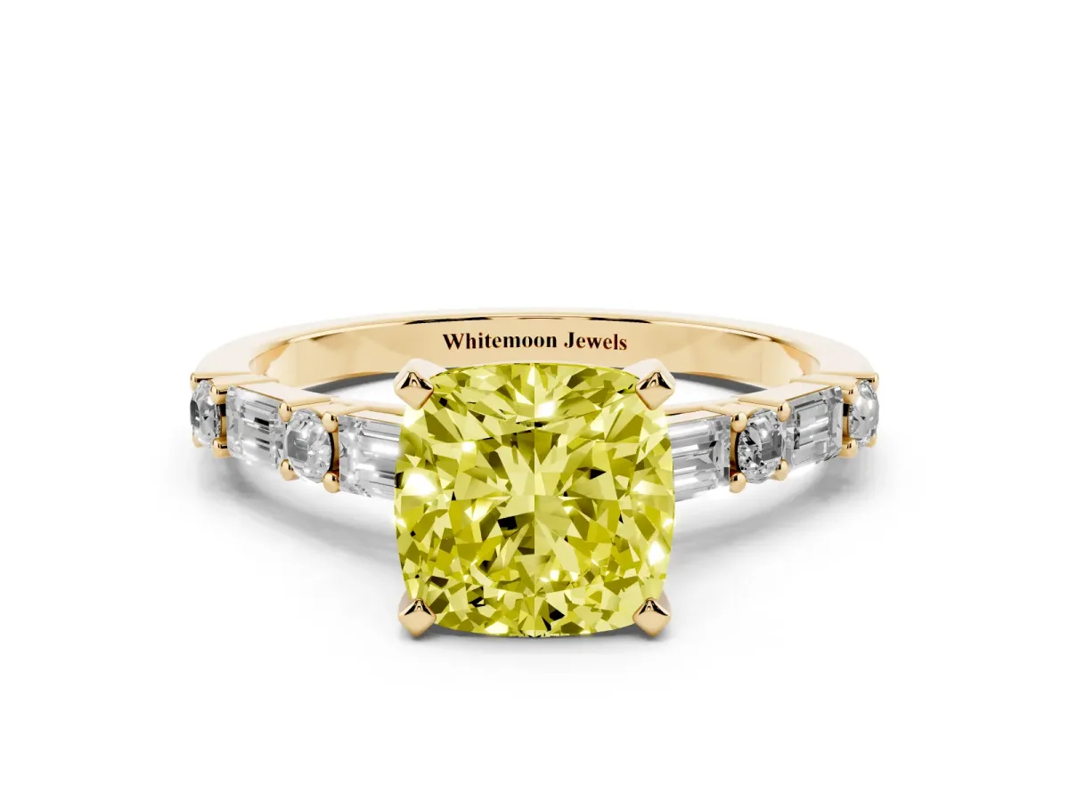 Fancy Yellow Cushion Cut Diamond Solitaire with Side Baguettes and Channel Set Band Yellow gold