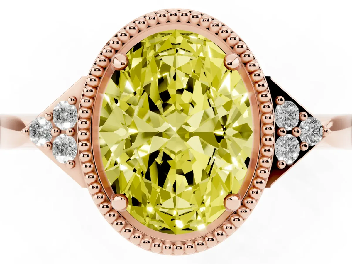 Fancy Yellow Oval Cut Diamond Halo Ring with Tapered Band and Four-Prong Setting Rose gold
