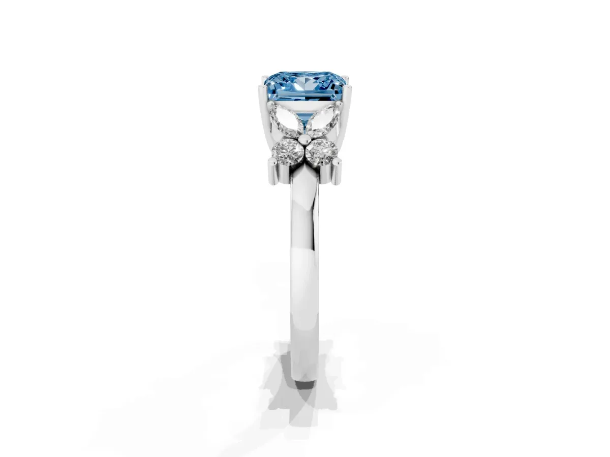 Fancy Blue Princess Cut Diamond Floral Cluster Ring with Solitaire Band and Prong Setting White gold