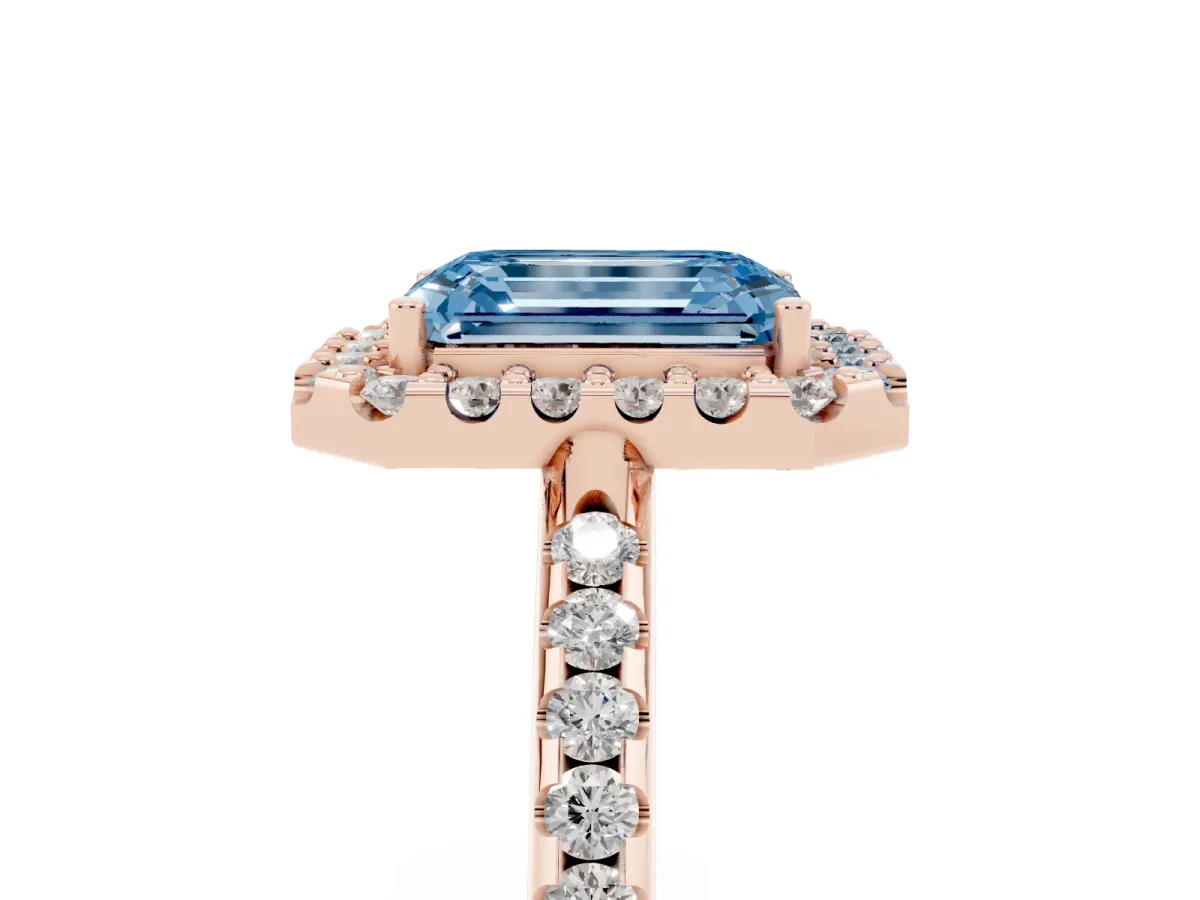 Fancy Blue Emerald Cut Diamond Pavé Halo Ring with Four-Prong Setting Rose gold
