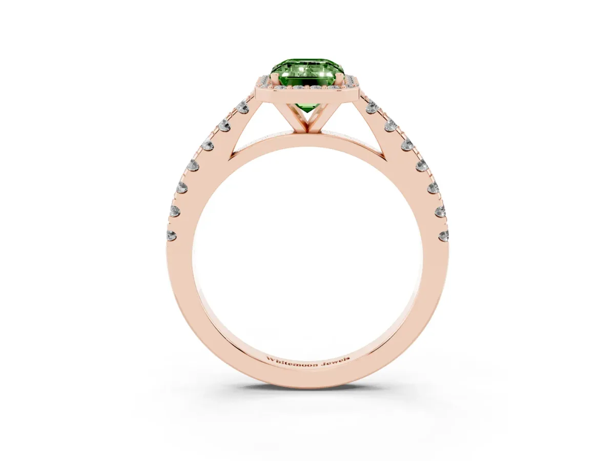 Fancy Green Emerald Cut Cut Halo Diamond Engagement Ring with Pave Band and Four-Prong Setting Rose gold