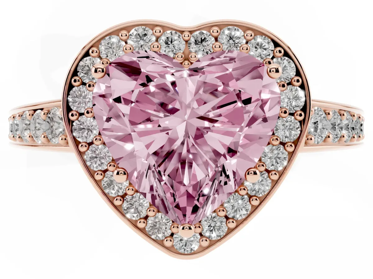 Fancy Pink Heart Cut Halo Pavé Diamond Engagement Ring with Bezel Setting Rose gold