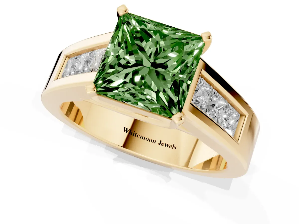 Fancy Green Princess Cut Cut Channel Set Solitaire Ring with Four-Prong Setting Yellow gold