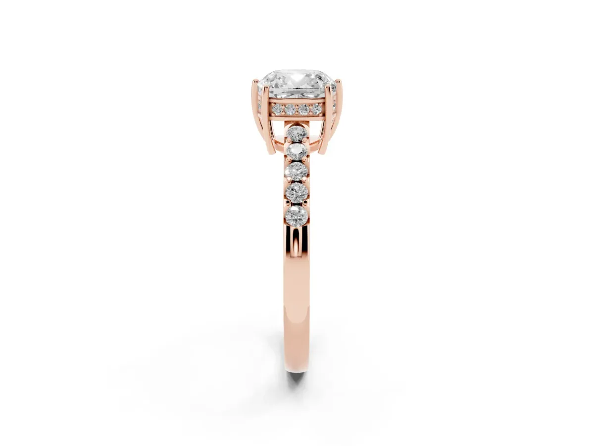 Cushion Cut Solitaire Diamond Engagement Ring with Pavé Band and Six-Prong Setting Rose gold
