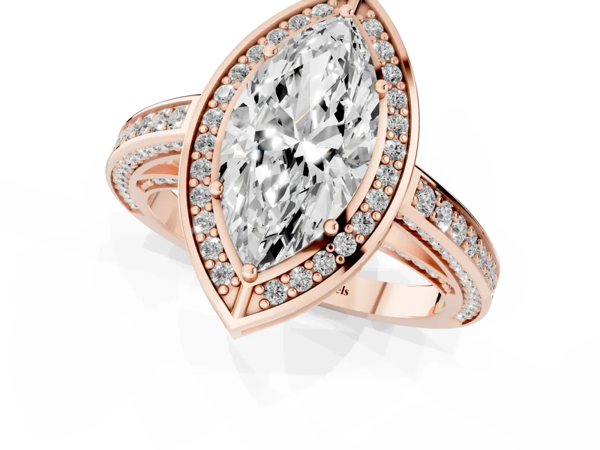 Marquise Cut Cut Halo Pave Split Shank Prong Setting Ring Rose gold
