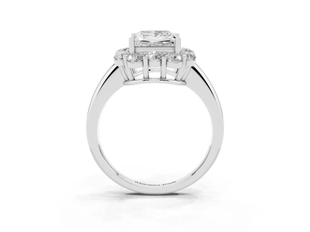 Princess Cut Halo Milgrain Solitaire with Bezel Set Side Stones and Pave Band Platinum