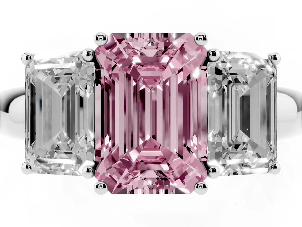 Fancy Pink Emerald Cut Diamond Three-Stone Ring with Four-Prong Setting and Classic Band Silver
