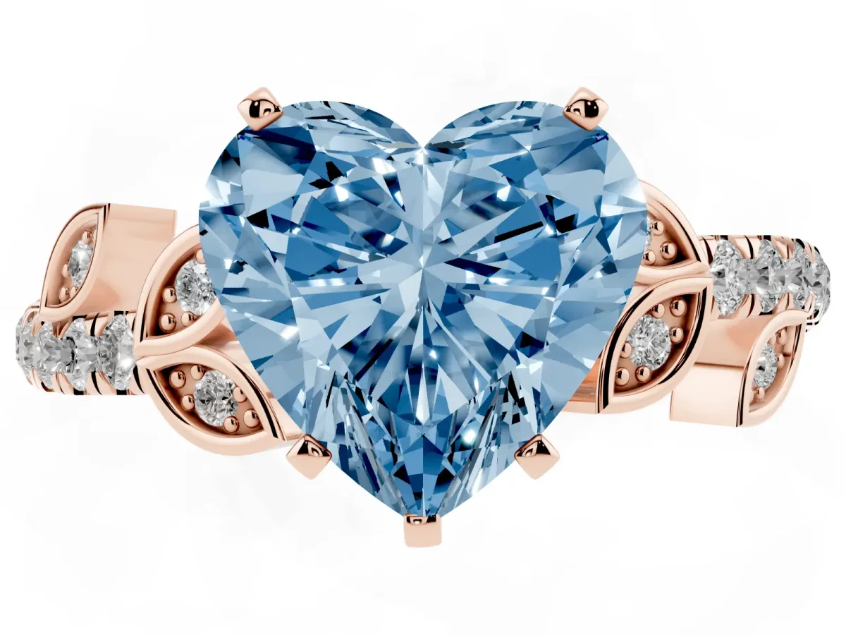 Fancy Blue Heart Cut Solitaire Leaf-Inspired Diamond Ring with Pavé Band and Four-Prong Setting Rose gold
