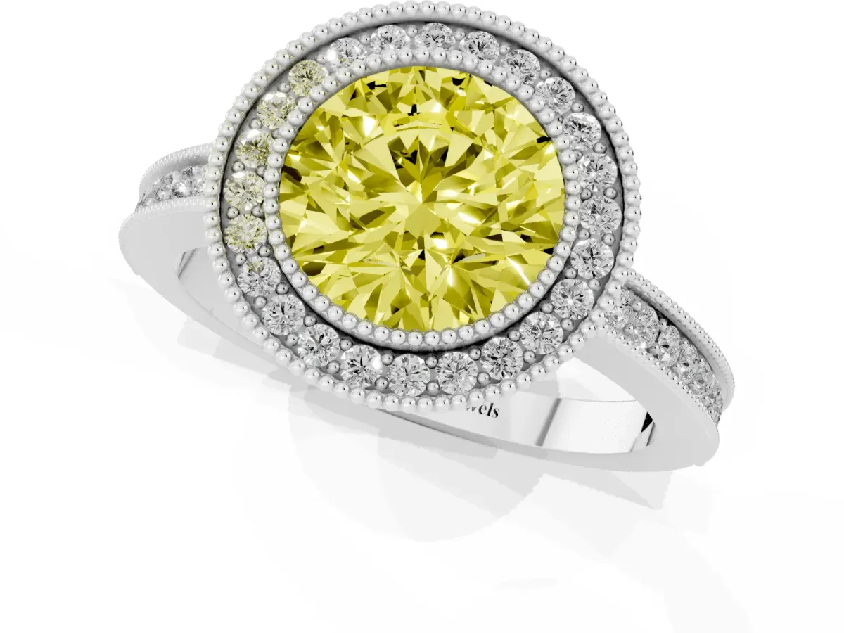 Fancy Yellow Round Cut Cut Halo Diamond Ring with Pavé Band and Milgrain Prong Setting White gold