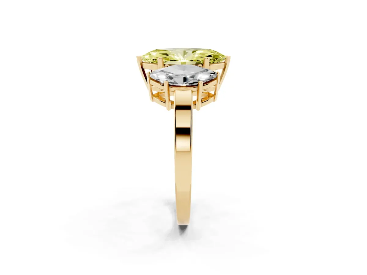 Fancy Yellow Three-Stone Marquise Cut Cut Diamond Engagement Ring with Flat Band and Four-Prong Setting Yellow gold