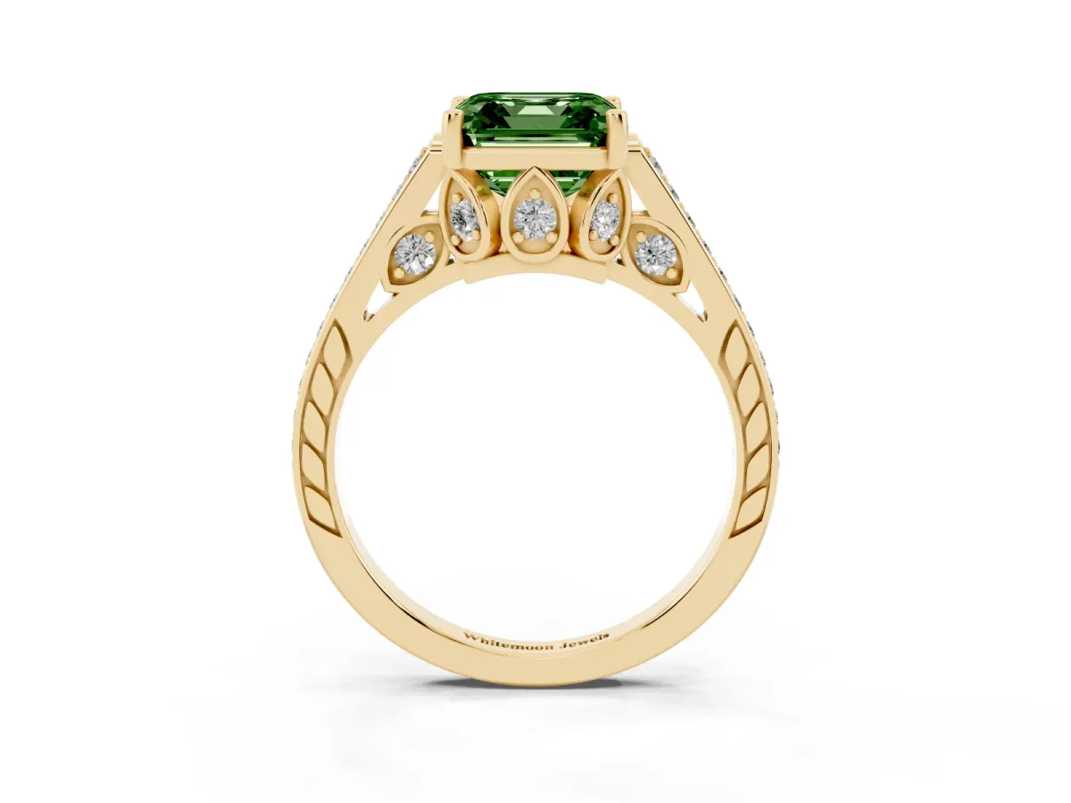 Fancy Green Asscher Cut Cut Cathedral Pave Diamond Engagement Ring with Six-Prong Setting Yellow gold