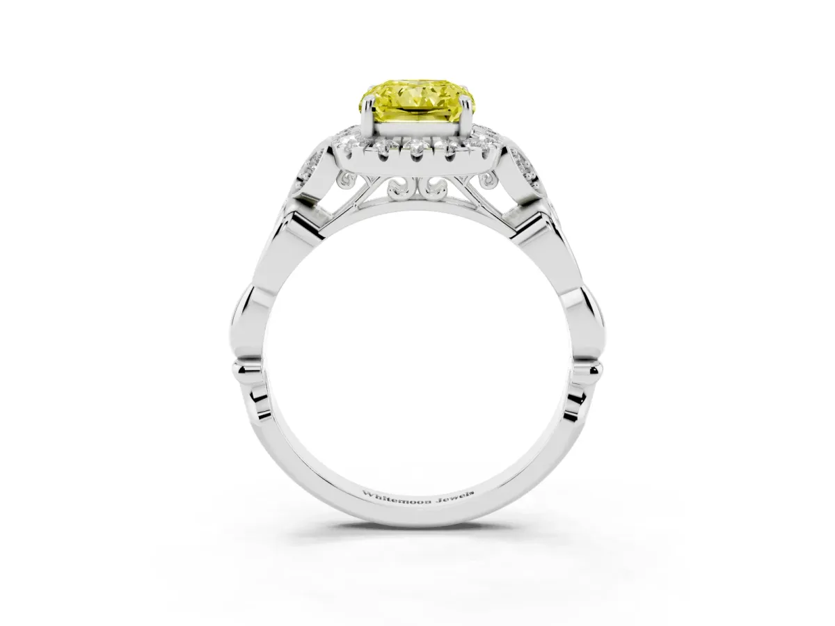 Fancy Yellow Radiant Cut Halo Diamond Engagement Ring with Vintage-Inspired Band and Four-Prong Setting White gold