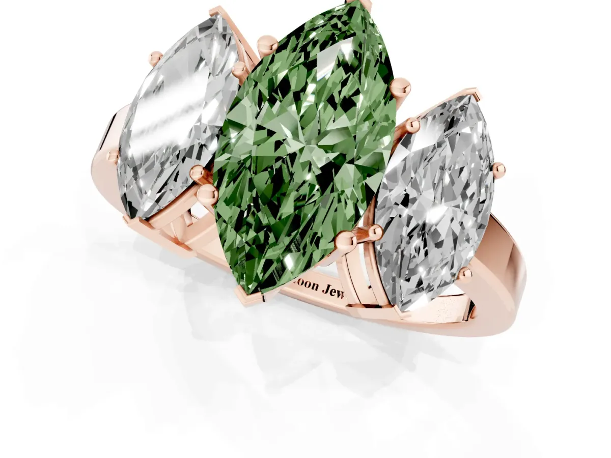 Fancy Green Three-Stone Marquise Cut Cut Diamond Engagement Ring with Flat Band and Four-Prong Setting Rose gold