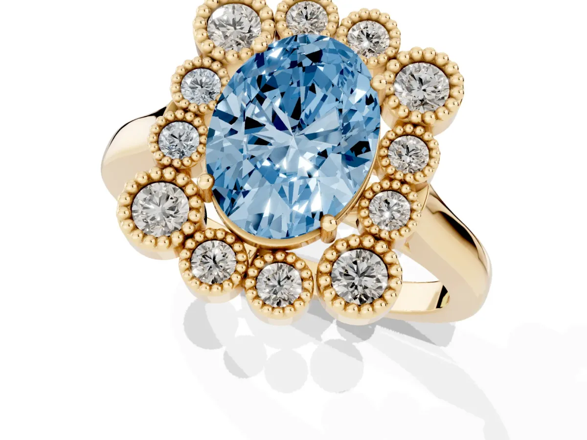 Fancy Blue Oval Cut Halo Diamond Cluster Engagement Ring with Milgrain Bezel Setting and Solitaire Band Yellow gold