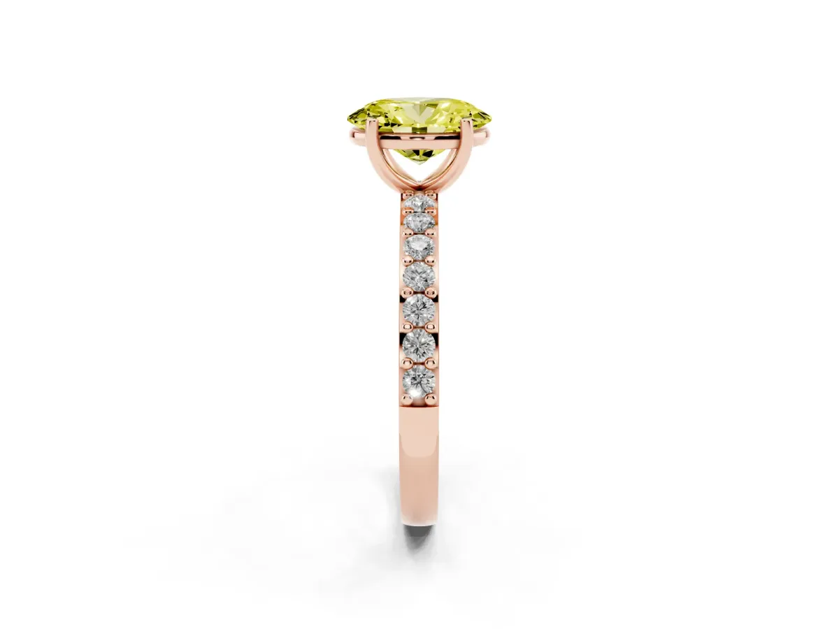 Fancy Yellow Oval Cut Cut Diamond Solitaire with Pave Band and Four-Prong Setting Rose gold