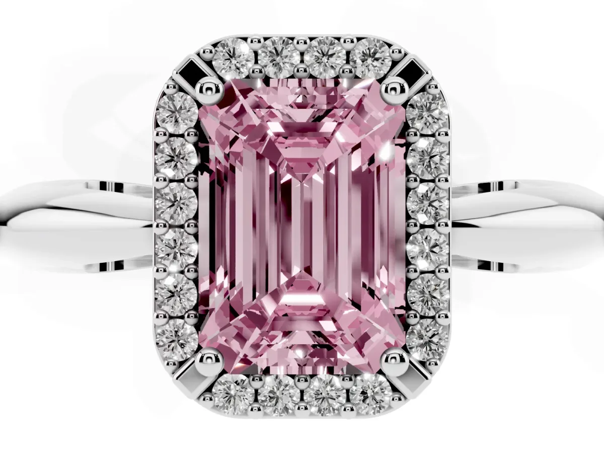 Fancy Pink Emerald Cut Cut Diamond Halo Engagement Ring with Split Shank and Four-Prong Setting Platinum