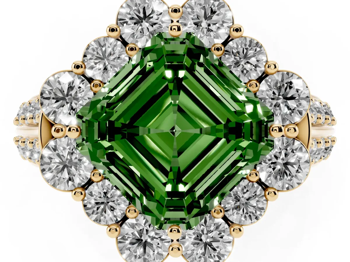 Fancy Green Asscher Cut Halo Diamond Engagement Ring with Split Shank and Prong Setting Yellow gold