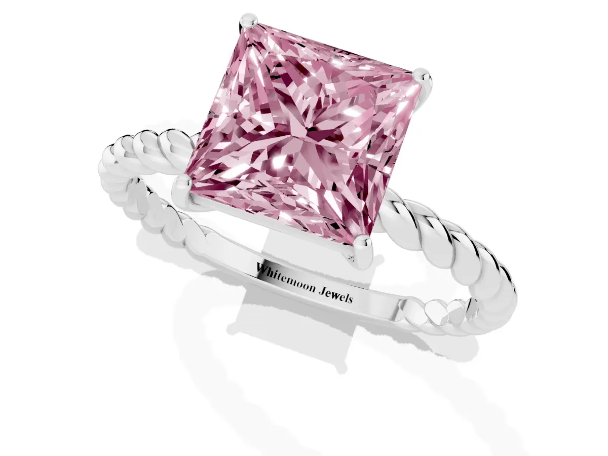 Fancy Pink Princess Cut Solitaire Twisted Band 4-Prong Ring Silver