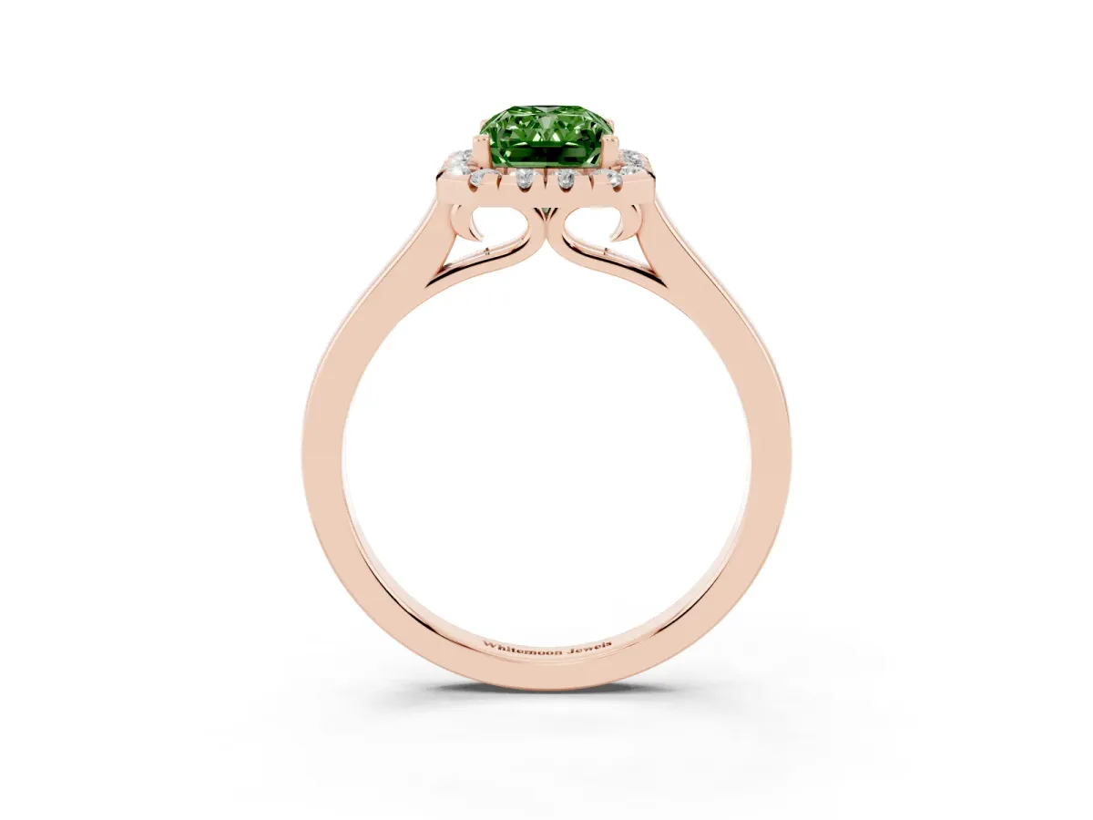 Fancy Green Radiant Cut Halo Round Diamond Solitaire Ring with Pavé Band and Four-Prong Setting Rose gold