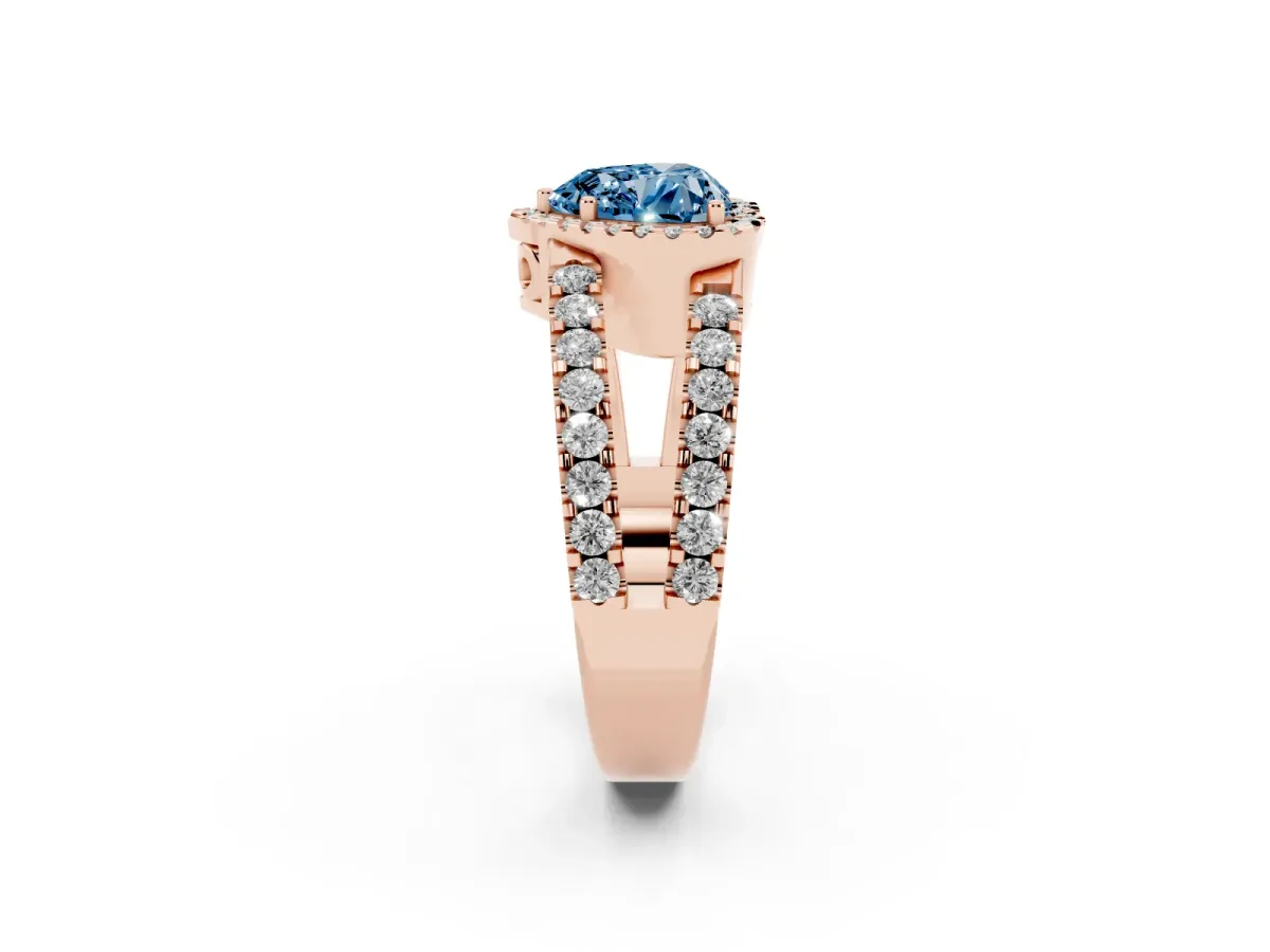 Fancy Blue Heart Cut Cut Halo Split Shank Diamond Ring with Four-Prong Setting Rose gold